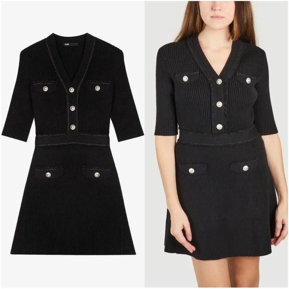 Maje Rimosala Rib-Knit Mini Dress Banded waist Black Size 8 NWT - Picture 1 of 10